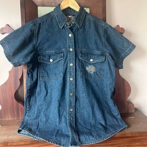 VTG Harley Davidson Denim Shirt Blue Logo Patch Short Sleeves: Size LARGE